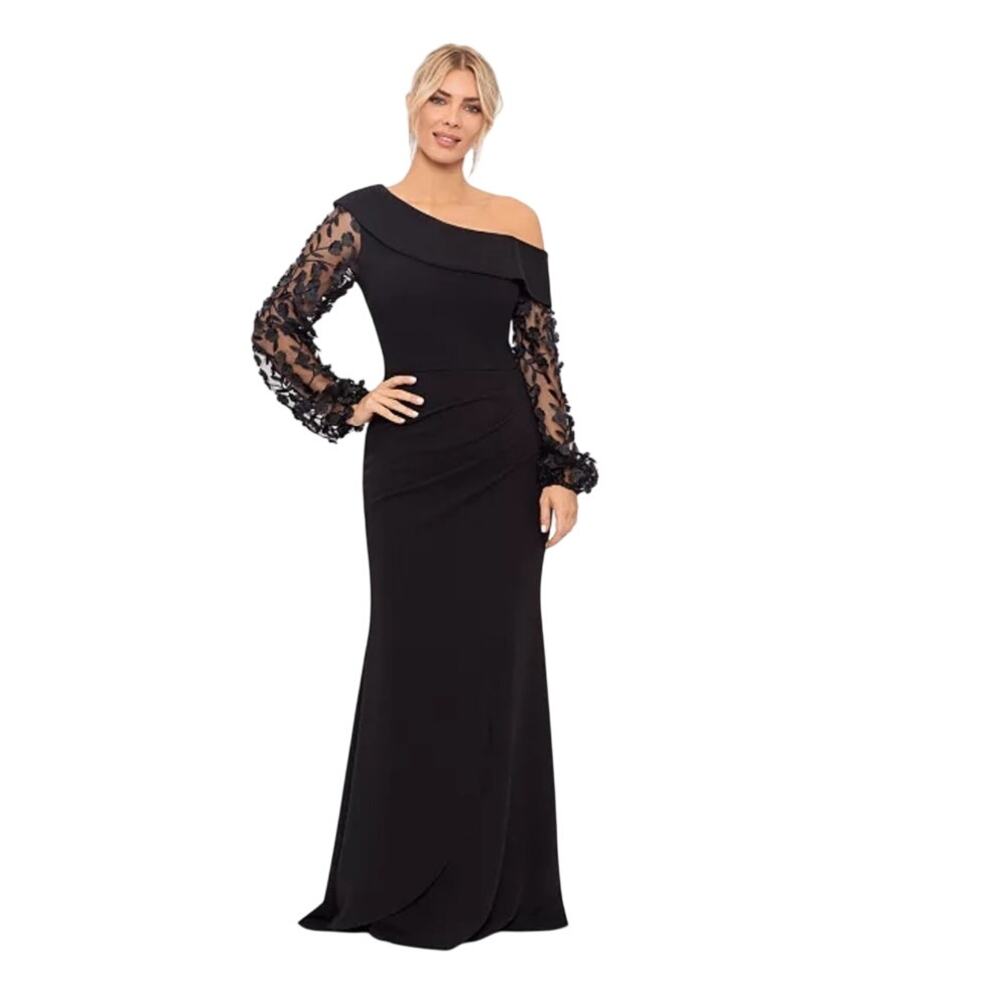Xscape Black Floral Applique Long Sleeve Off Shoulder Scuba Gown Dress 10